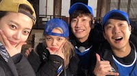 AOA's Jimin poses with the cast of 'Running Man' during recent recording