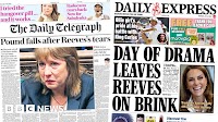 Newspaper headlines: 'Pound falls after Reeves tears' and 'Brave face' Kate
