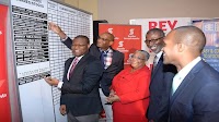 Kino Williamson (left), Head of Finance, Cable Bahamas points to the USD label while Scotia Investment CEO, Lissant Mitchell points to the JMD label. Also sharing the moment (from left) are Marlene Street Forrest, Managing Director Jamaica Stock Exchange,