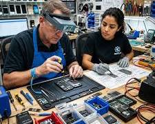 smartphone repair technician professional workbench using digital schematic software monitor, buatan AI