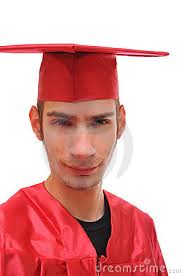 Smiling graduate student in red cap and gown isolated on white background. MR: YES; PR: NO - smiling-graduate-student-red-cap-gown-11674021