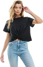 Amazon.com: Women's Twisted Front Crop Top Round Neck Short Sleeve Casual 100% Cotton Cropped Tee T-Shirt, Black, 2X-Large : Clothing, Shoes & Jewelry