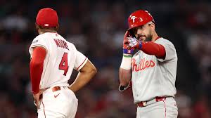 Philadelphia Phillies celebrating a late inning win over the Los Angeles Angels