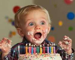child excitedly looking at a colorful cakeの画像