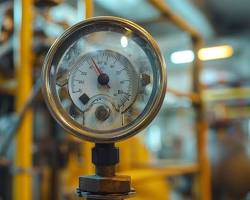 Image of technician reviewing technical specifications of various industrial instruments, including pressure gauges and manometers, in a workshop or laboratory setting
