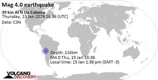 Terremoto moderado mag. 4.0 - 39 km Al N De Calama, jueves 15 ene 2026 a las 13:36 (GMT -3) - hace 7 horas