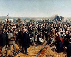 Image of Leland Stanford driving the Golden Spike Transcontinental Railroad