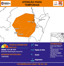 ATENÇÃO – 26/05 11:01 – TEMPORAIS com RAIOS, RAJADAS DE VENTO, GRANIZO e ALAGAMENTOS nas próximas 2 horas. Ocorrências ligue 199 ou 193.