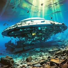 A broken spaceship in the shape of a saucer, a wreck, underwater in the ocean, light bulbs barely glow, near …" — image created in Shedevrum
