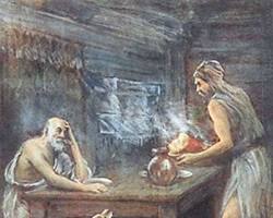 Image of Odyssey Book 14 classical art Odysseus Eumaeus swineherd hut