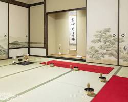 Traditional Japanese tea ceremony interior with tatami and scroll, do AI tạo