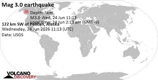 Terremoto leve mag. 3.0 - Océano Pacífico Norte, 115 km al oeste de Kruzof , Sitka City and Borough, Alaska, Estados Unidos, miércoles 24 jun 2026 a las 02:13 (GMT -9)