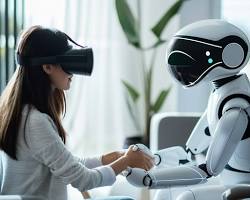Изображение: person interacting with a friendly AI companion through a virtual reality headset