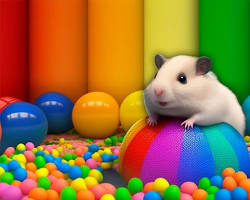 hamster playing in a colorful ball.の画像