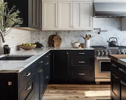 Image of kitchen with dark gray upper cabinets and black lower cabinets