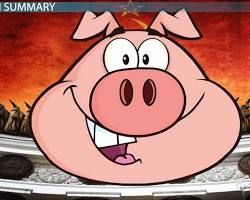 Animal Farm Napoleon and Squealer Seven Commandments on barn wall illustration, Squealer the pig talking to other animals George Orwell illustration, Animal Farm closing scene pigs and humans at the table illustration, AI generated