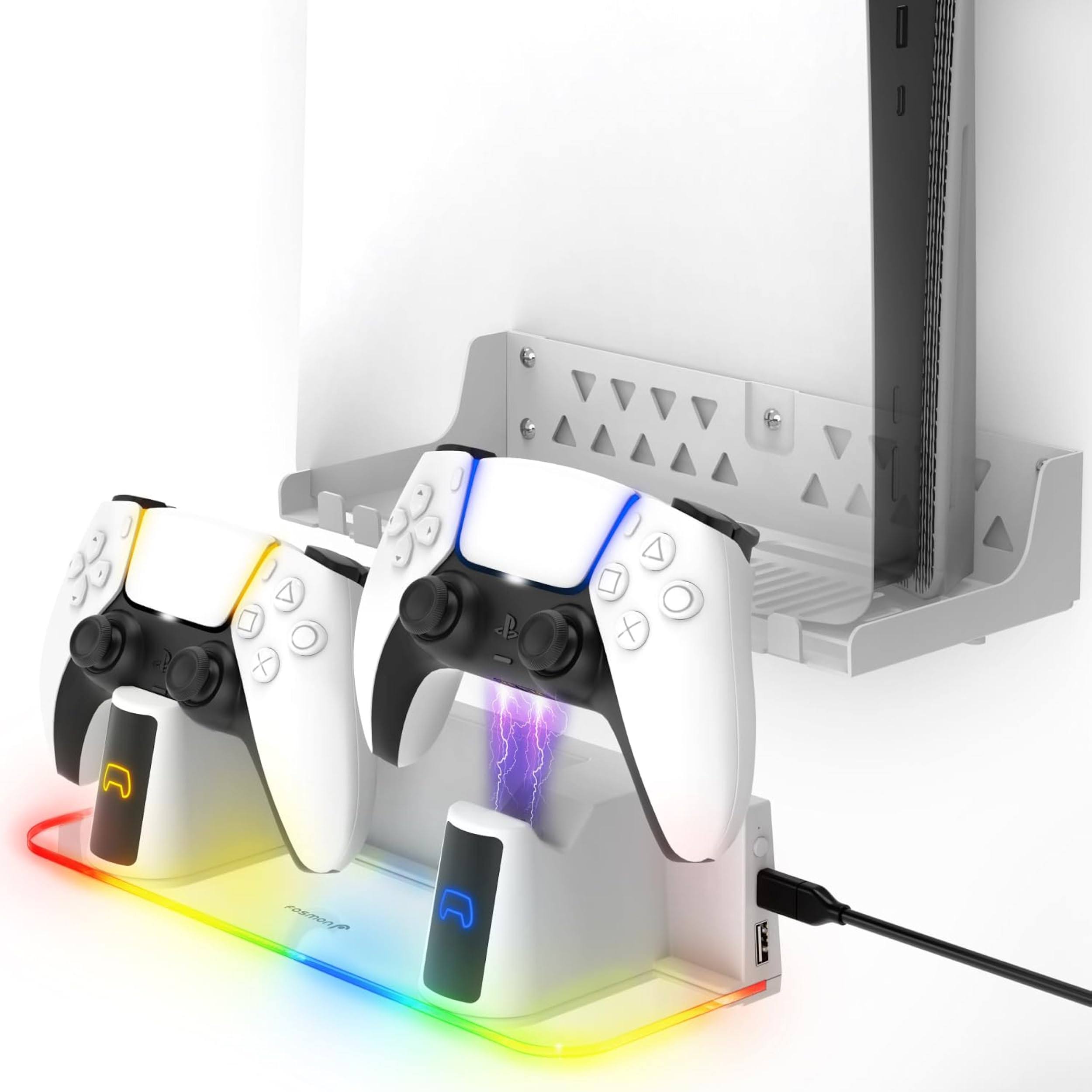 Fosmon PS5 Wall Mount – Dual Charging Dock USB-C & USB-A Ports with RGB Lights