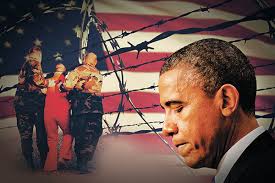 Photo illustration by Minhaj Ahmed Rafi (Jewel Samad—AFP (Obama), Tom Pennington—AFP (Flag), Shane T. McCoy—AFP (Prisoner), No credit (Barbed wire)) - Gitmo