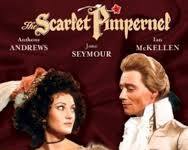 Scarlet Pimpernel, a masked man dressed in scarlet, rescuing a woman from the guillotine