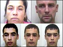 l-r: Karen Bridge, John Bridge, John Bridge Jnr, Luke Bridge and Alan. The Bridges were allegedly involved in organised vehicle crime - _40960943_asbofamily203