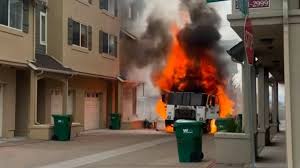 Firefighters battle fully involved trash truck fire near Hug High School