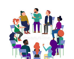 Gambar diverse group of people sitting in a circle, looking engaged and supportive, representing a therapy or support group session