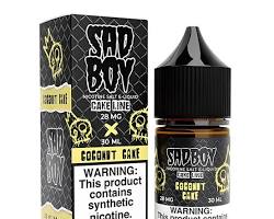 Sadboy Coconut Cake 100ml eliquid bottle and box standing full view white background ejuicedirect style, AI generated