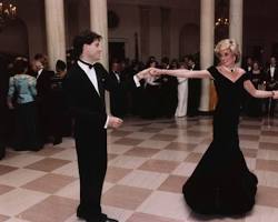 Image of Princess Diana in midnight blue velvet gown at Vanity Fair Oscars party