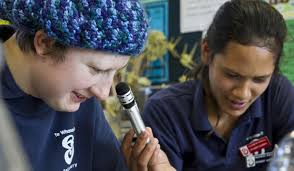 LOUD AND CLEAR: Salisbury School pupils Samara Sinclair and Tia Wakefield use the school&#39;s new sound system to dictate steps of a science project. - 9097410