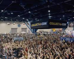 Image of CollectACon trade night floor crowd and pokemon card tables