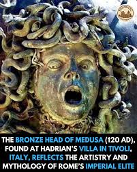 Historical - The Bronze Head of Medusa (120 AD), a remarkable artifact that exemplifies Roman art and mythology, unearthed at Hadrian's Villa in Tivoli, Italy. Hadrian's Villa was an extravagant retreat for