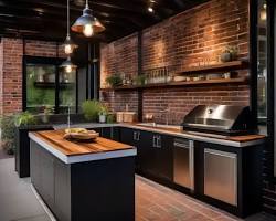 Gambar Dapur estetik minimalis industrial dengan dinding bata ekspos dan aksen metal