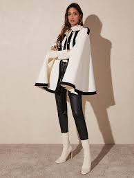 Women's Jackets Contrast Trim Cloak Sleeve Overcoat Women Jackets (Color : White, Size : Small)