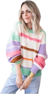Women's Color Block Stripe Sweater Round Neck Bubble Long Sleeve Pullover Jumper Tops (Multicolor,Small,Female,Adult,US,Alpha,Small,Regular,Regular) at Amazon Women's Clothing store