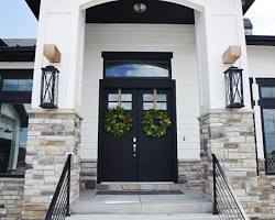 modern farmhouse exterior paint colors white siding black trim wood door, AI generated