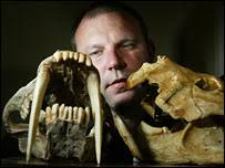 Stephen Wroe and marsupial lion skulls, UofSydney. Dr Wroe: Examined &quot;a great natural experiment&quot; - _40113895_sabre_wroe_203