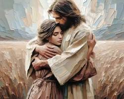abstract painting Jesus hugging person forgiveness mercy grace artwork, AI generated