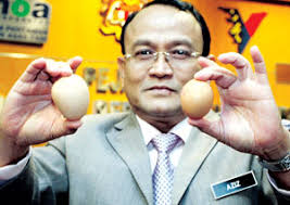 ABDUL Aziz Jamaluddin menunjukkan dua jenis telur berlainan gred pada sidang media di Wisma Tani, Putrajaya, semalam. - dn_01.1