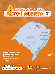 Defesa Civil alerta: condição de ALERTA para tempestade com granizo e vento, atuam nas proximidades de Sertão