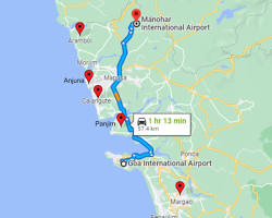 Image of Map showing Mopa Manohar International Airport and Calangute, Goa