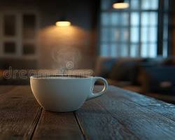 cozy cafe interior with wooden tables and warm lighting, a coffee cup on one tableの画像