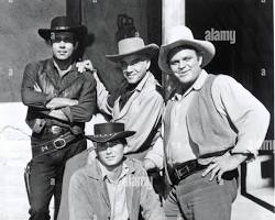 Bonanza TV series cast Lorne Greene Dan Blocker Pernell Roberts Michael Landon Ponderosa Ranch 1960s NBC Western television show stills, AI generated