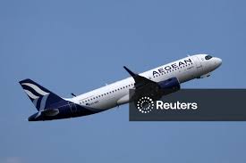 Licensable picture: An Aegean Airbus A320 aircraft takes off from Nantes Atlantique Airport in Bouguenais