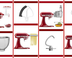 Image of KitchenAid mixer with various attachments