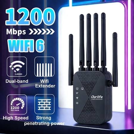 Ourlife 2026 Dual Band WiFi Range Extender, 2.4GHz & 5GHz Signal Booster Repeater with 1200Mbps Speed, Wall-Through WiFi Amplifier, Covers up to 10000