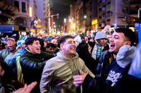 Licensable picture: Argentina fans watch Jordan match on outdoor screen in Buenos Aires