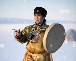 Siberian shaman ceremony ritual Lake Baikal Tuva Altai costume drum traditional, δημιουργία από AI