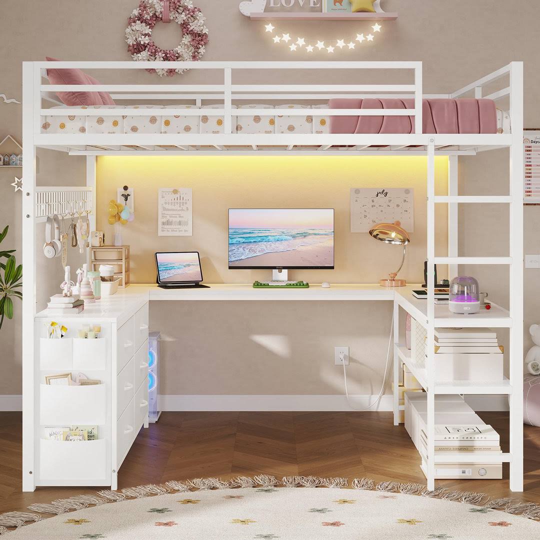 Absarokee Loft Bed Full Size With U-shaped Desk 6 Storage Drawers Power Outlet