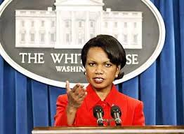 Condi Rice at the White House podium.