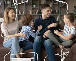 Изображение: happy family laughing and interacting with an AIpowered device that suggests fun activities